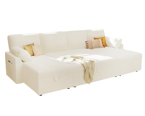 White Sherpa Sofa Bed with Storage Chaise H38541