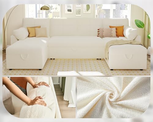 White Sherpa Sofa Bed with Storage Chaise H38541