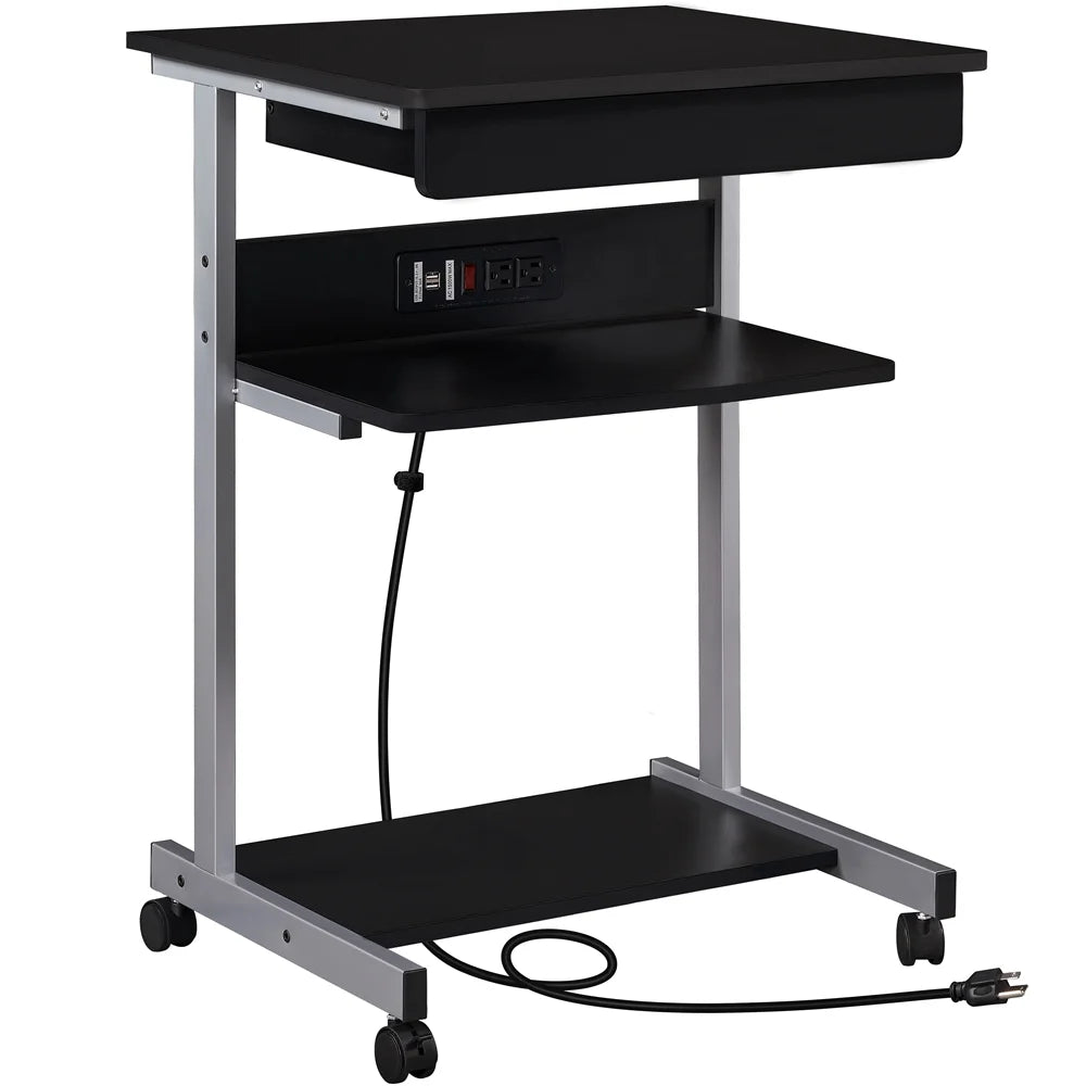 22in Rolling Laptop Computer Desk with Power Outlet, Black Y1944