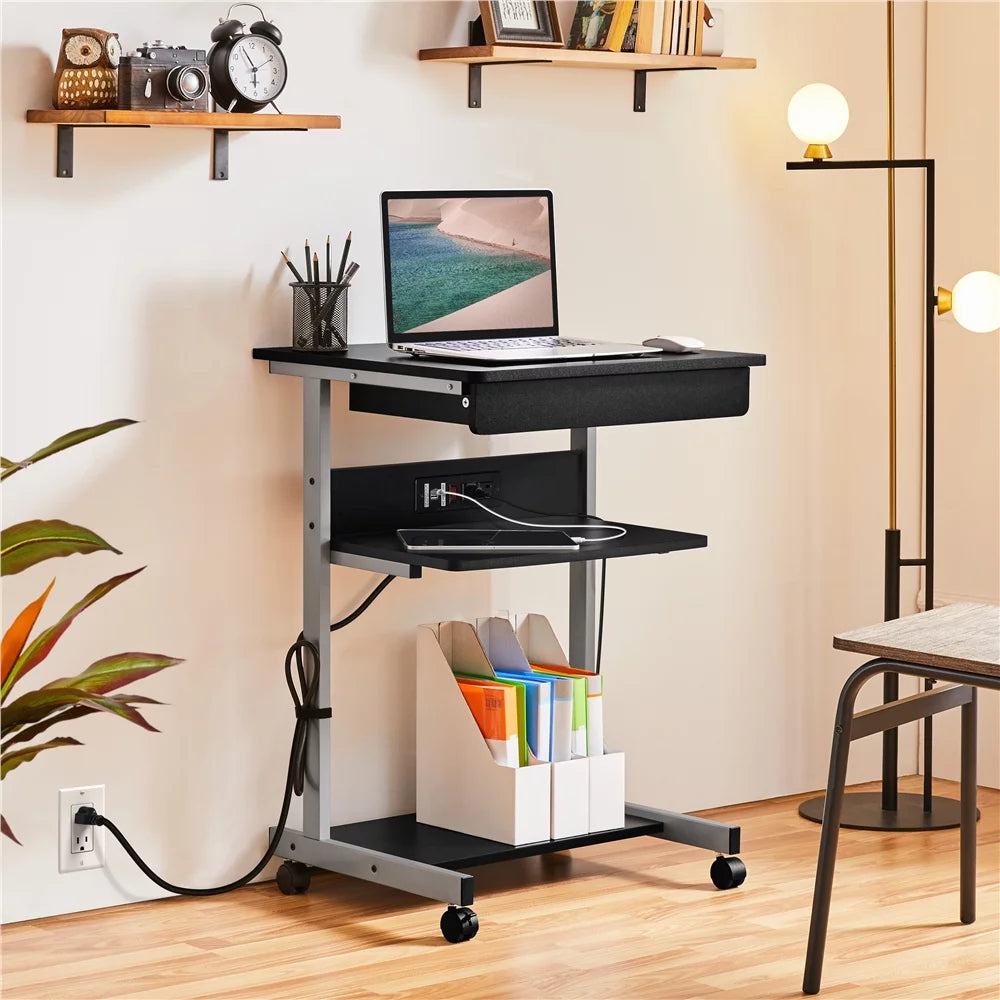 22in Rolling Laptop Computer Desk with Power Outlet, Black Y1944