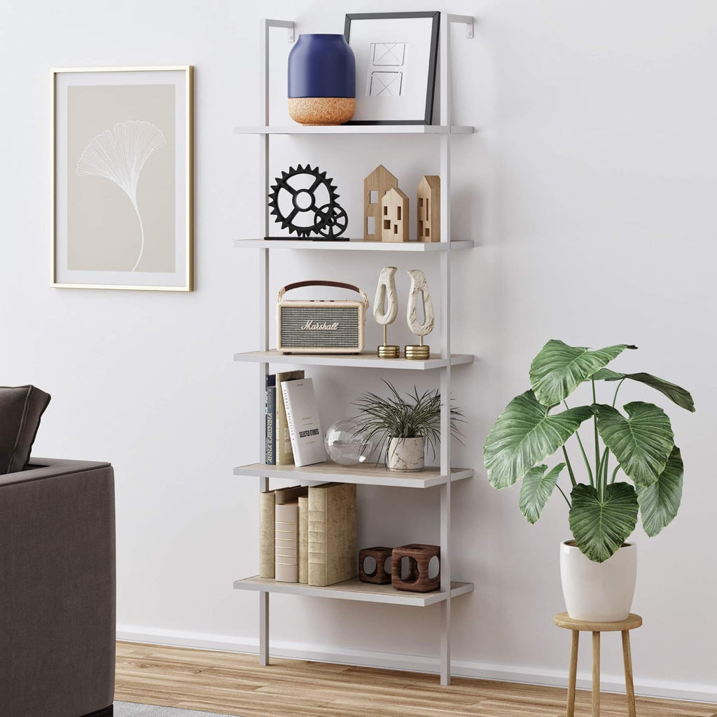 White/Gold 5-Shelf Ladder Bookcase with Metal Frame P948665