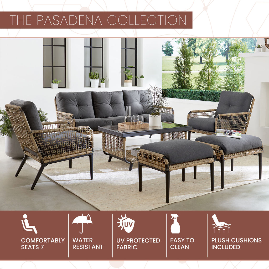6-Piece Modern Outdoor Chat Set with Open Weave Wicker Sofa, 2 Side Chairs, 2 Ottomans, and Glass Top Coffee Table with Charcoal Plush Cushions R369855