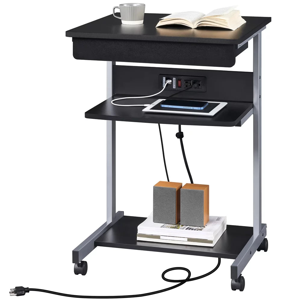 22in Rolling Laptop Computer Desk with Power Outlet, Black Y1944