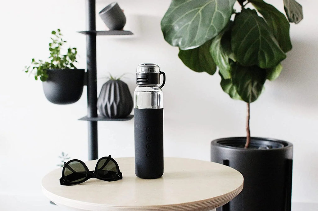 Black Glass Sport Water Bottle with Silicone Sleeve and Flip Top Lid P27352