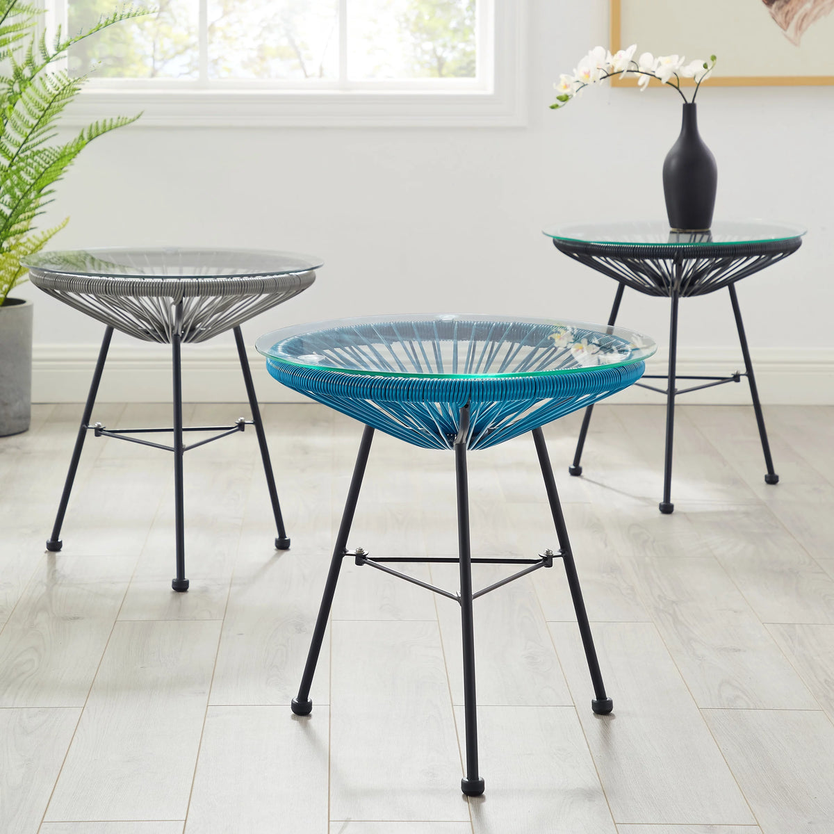 Woven Wicker Patio Side Table with Glass Top Y97616