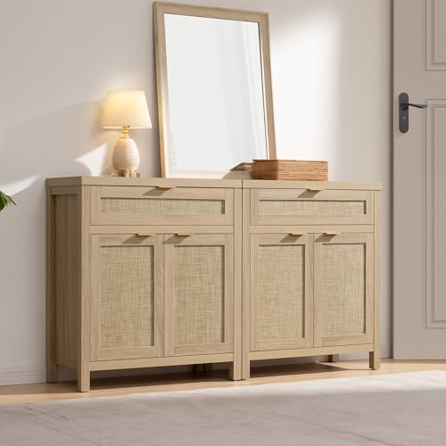 Rattan Storage Cabinet Set of 2 with Doors and Drawer V654442