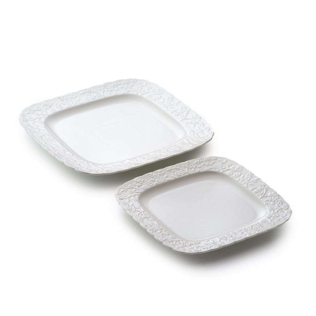 Ceramic Square Dinner Plates Set of 4, 10 & 12 Inch Embossed Salad Plates O976282