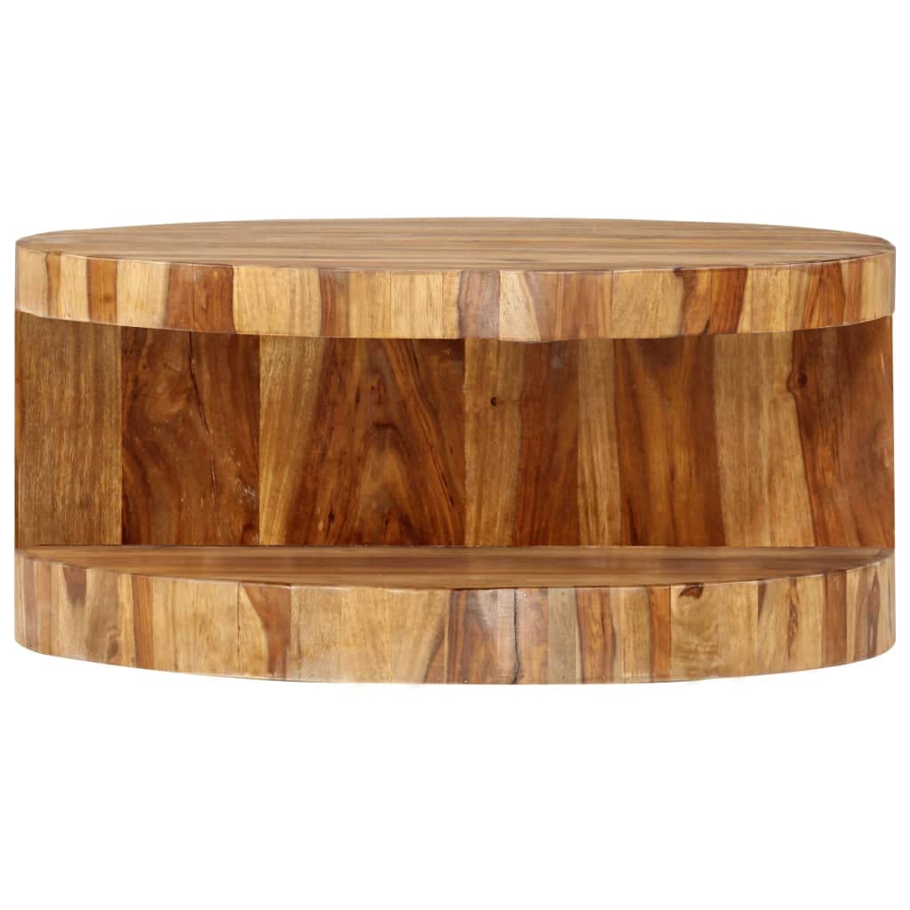Solid Sheesham Wood Round Coffee Table with Built-in Shelf U46714