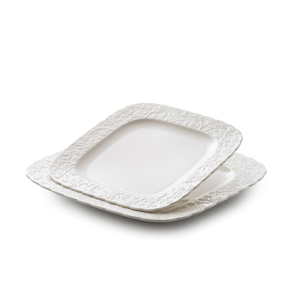 Ceramic Square Dinner Plates Set of 4, 10 & 12 Inch Embossed Salad Plates O976282