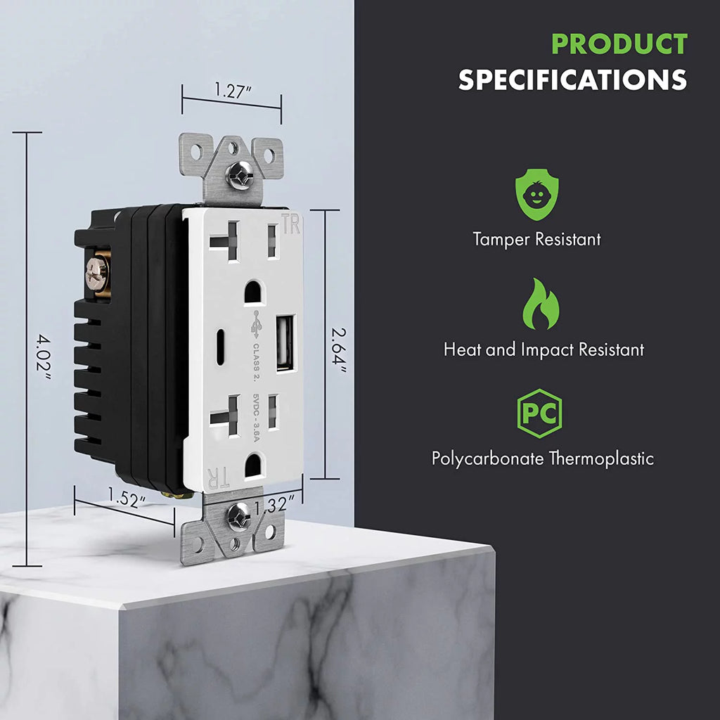 20 Amp USB Outlet with 2 USB Charging Ports, White, 2 Pack L322
