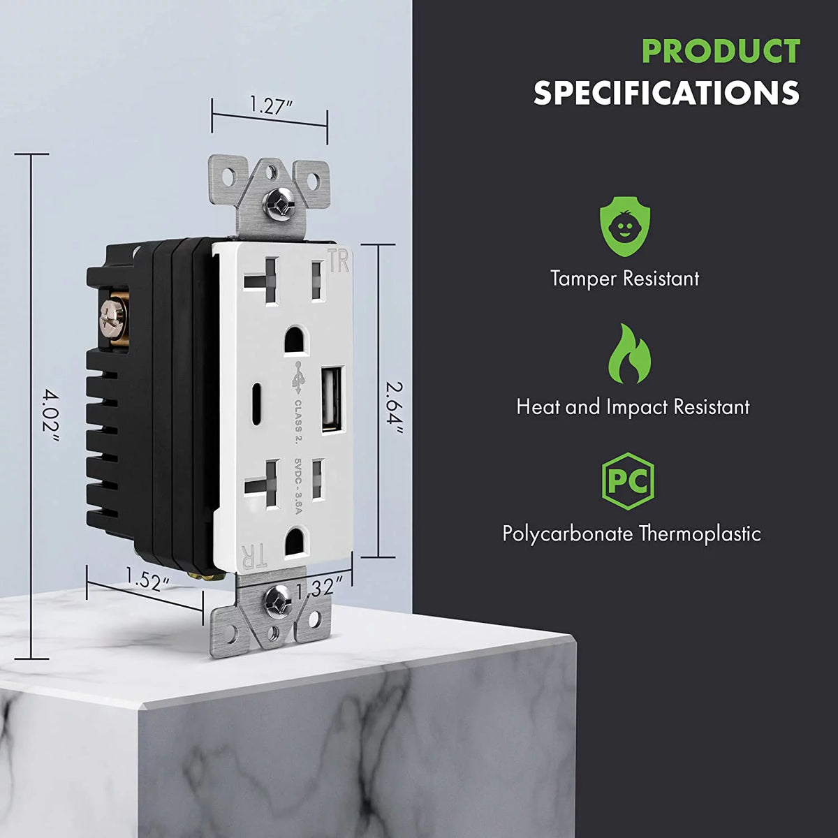 20 Amp USB Outlet with 2 USB Charging Ports, White, 2 Pack L322