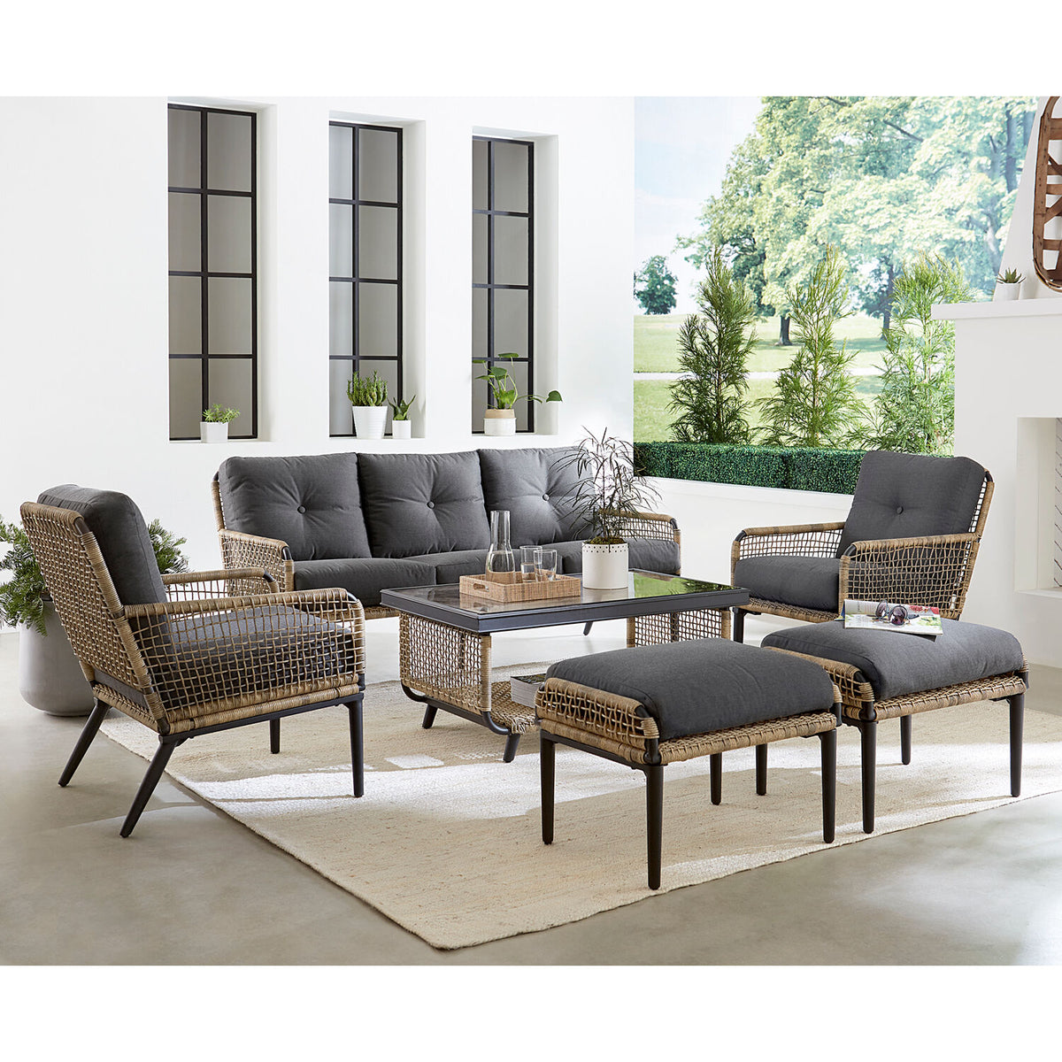 6-Piece Modern Outdoor Chat Set with Open Weave Wicker Sofa, 2 Side Chairs, 2 Ottomans, and Glass Top Coffee Table with Charcoal Plush Cushions R369855