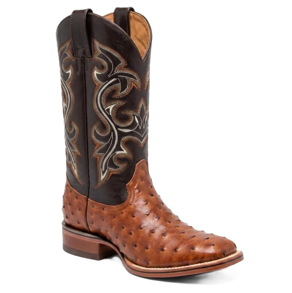 Genuine Cowhide Leather Ostrich Print Square Toe Western Boots Z80752