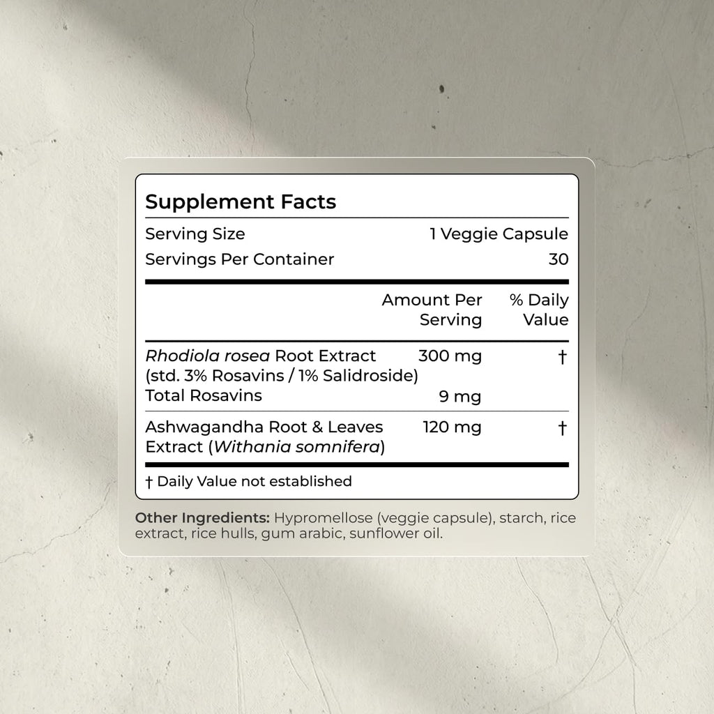 Ashwagandha & Rhodiola 120mg Adaptogen Capsules 30 Vegan Capsules U38281