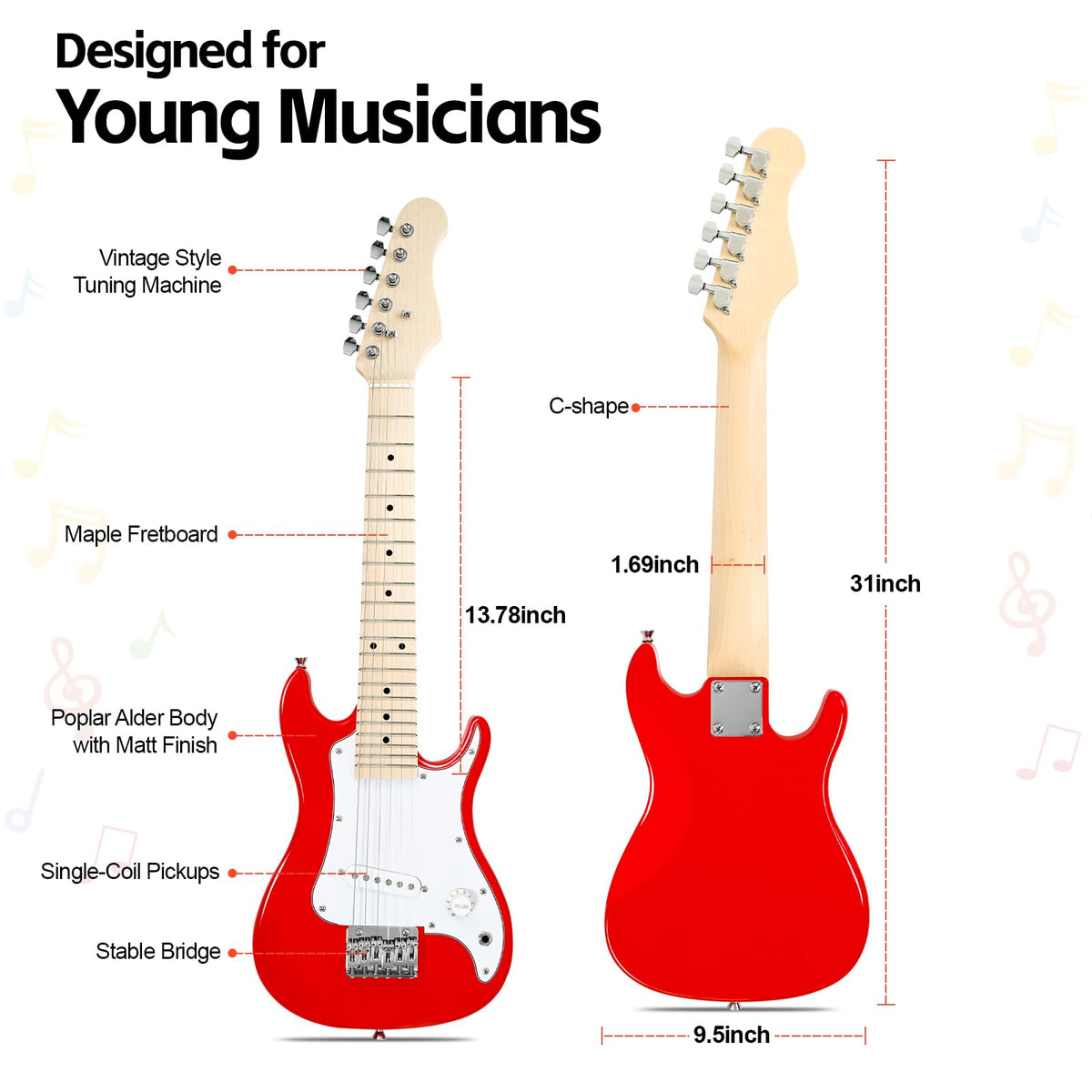 30in Kids Electric Guitar Starter Kit with 5W Amp and Gig Bag M87654