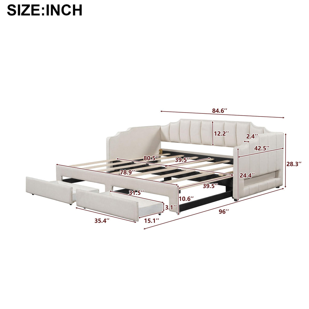 Twin XL to King Extendable Upholstered Daybed Frame with 2 Storage Drawers V167