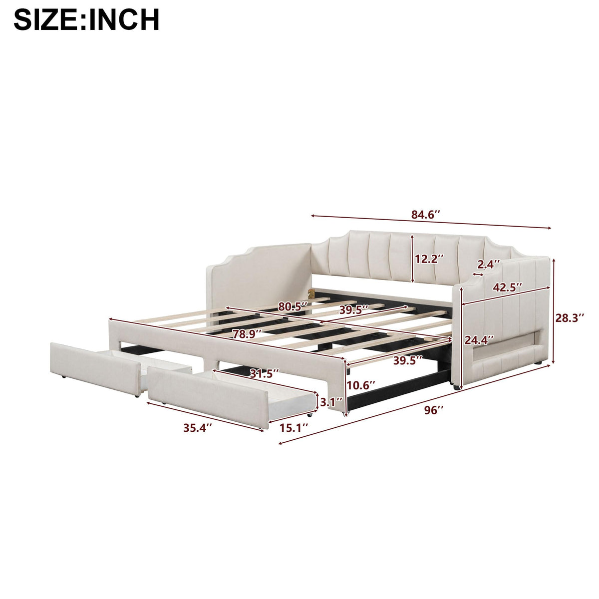 Twin XL to King Extendable Upholstered Daybed Frame with 2 Storage Drawers V167
