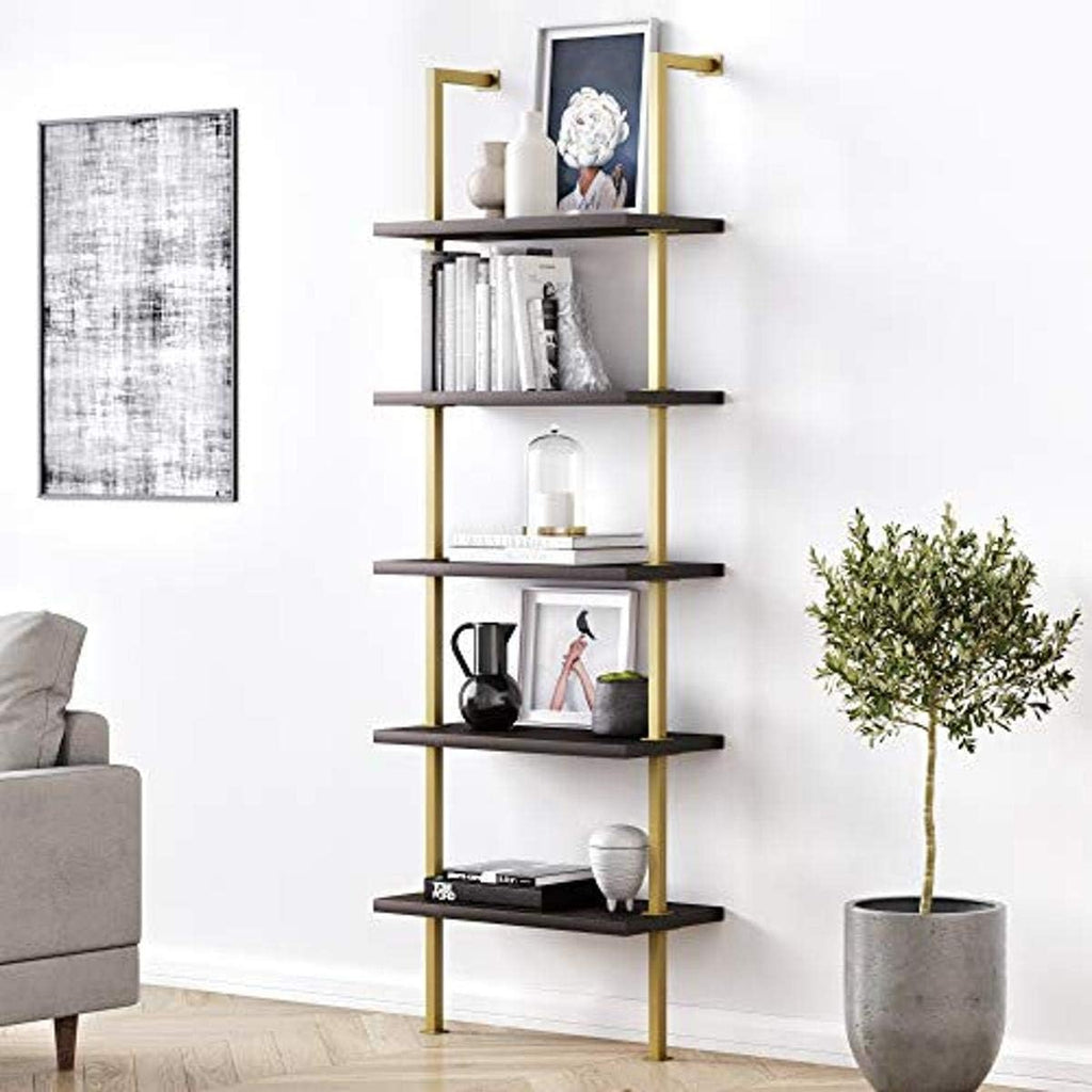 White/Gold 5-Shelf Ladder Bookcase with Metal Frame P948665