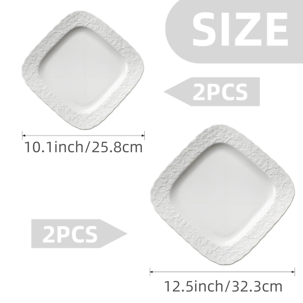 Ceramic Square Dinner Plates Set of 4, 10 & 12 Inch Embossed Salad Plates O976282
