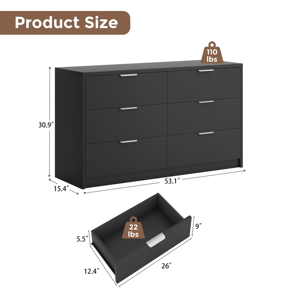 53" Wide 6 Drawer Wood Dresser H759
