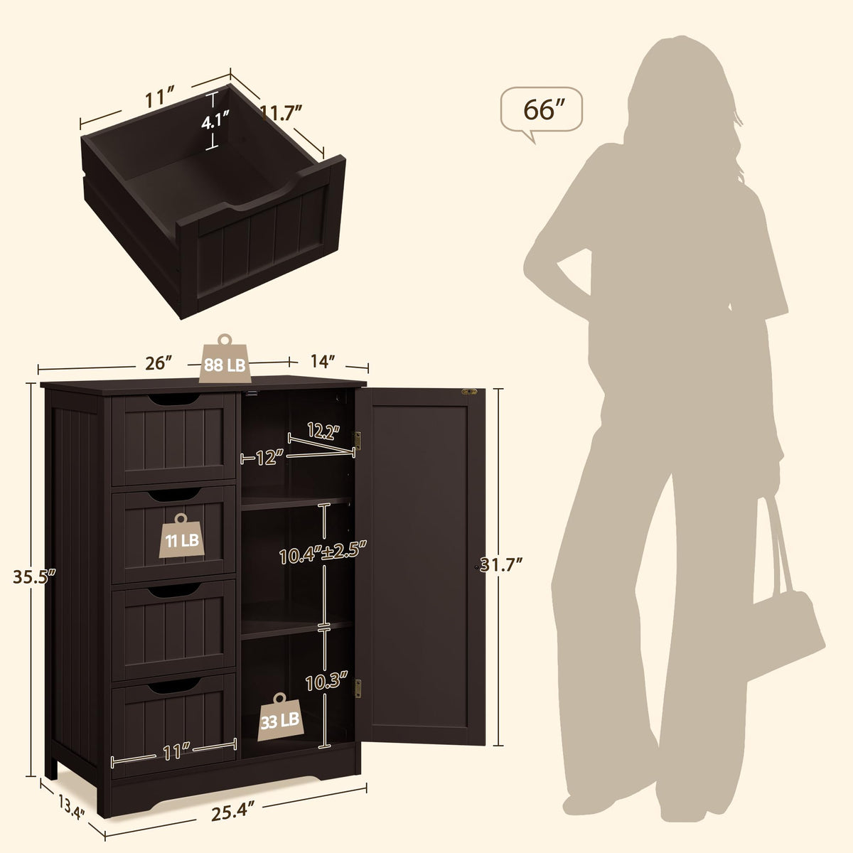 Espresso 4 Drawer Bathroom Storage Cabinet I2294