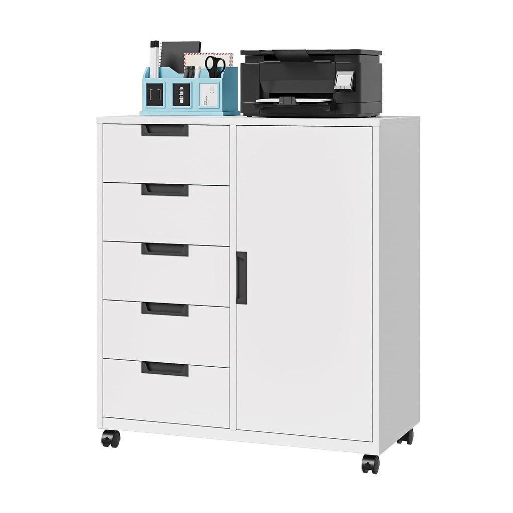 White 5 Drawer Storage Cabinet with Shelves and Door A2091