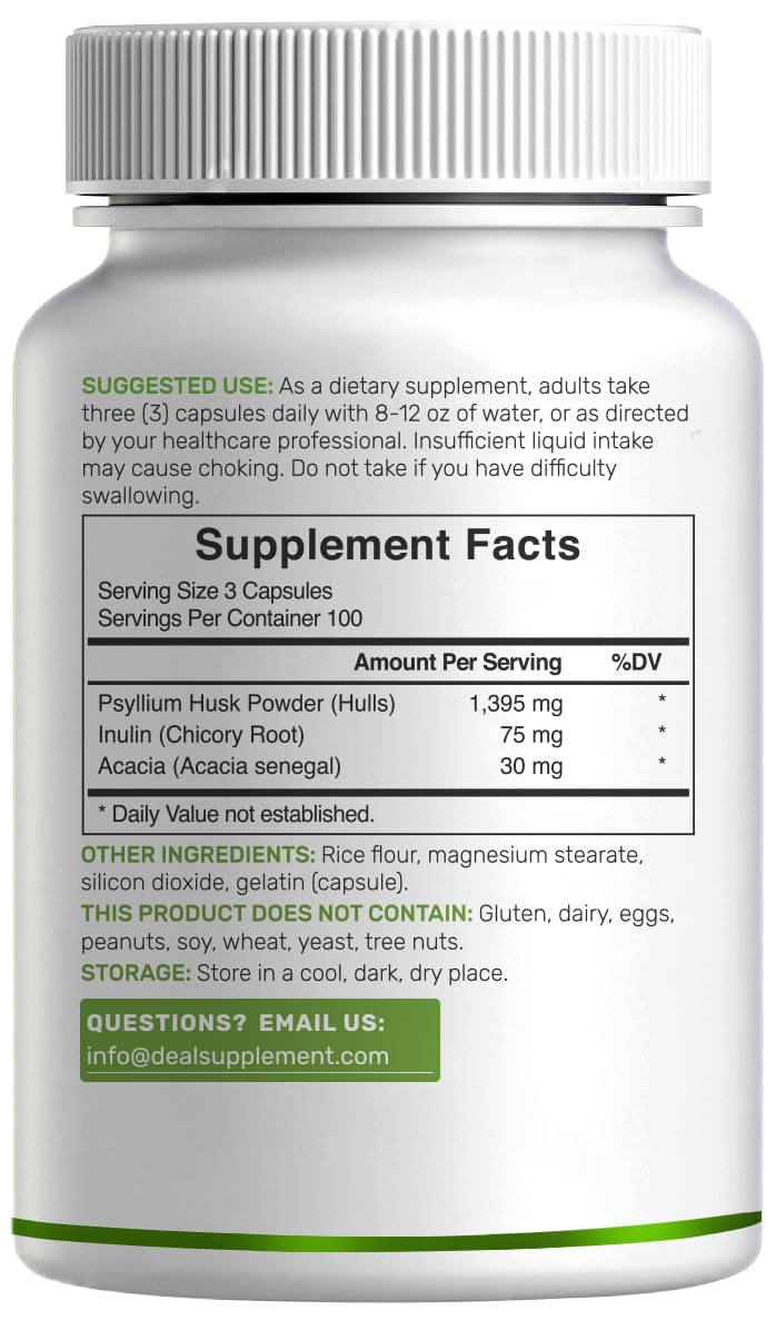 Psyllium Husk 1500mg 300 Capsules 3 in 1 Fiber Supplement N55573