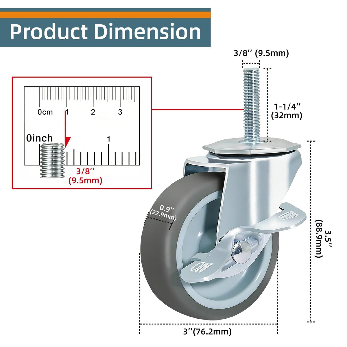 Set of 4 Stem Casters with Brake V195