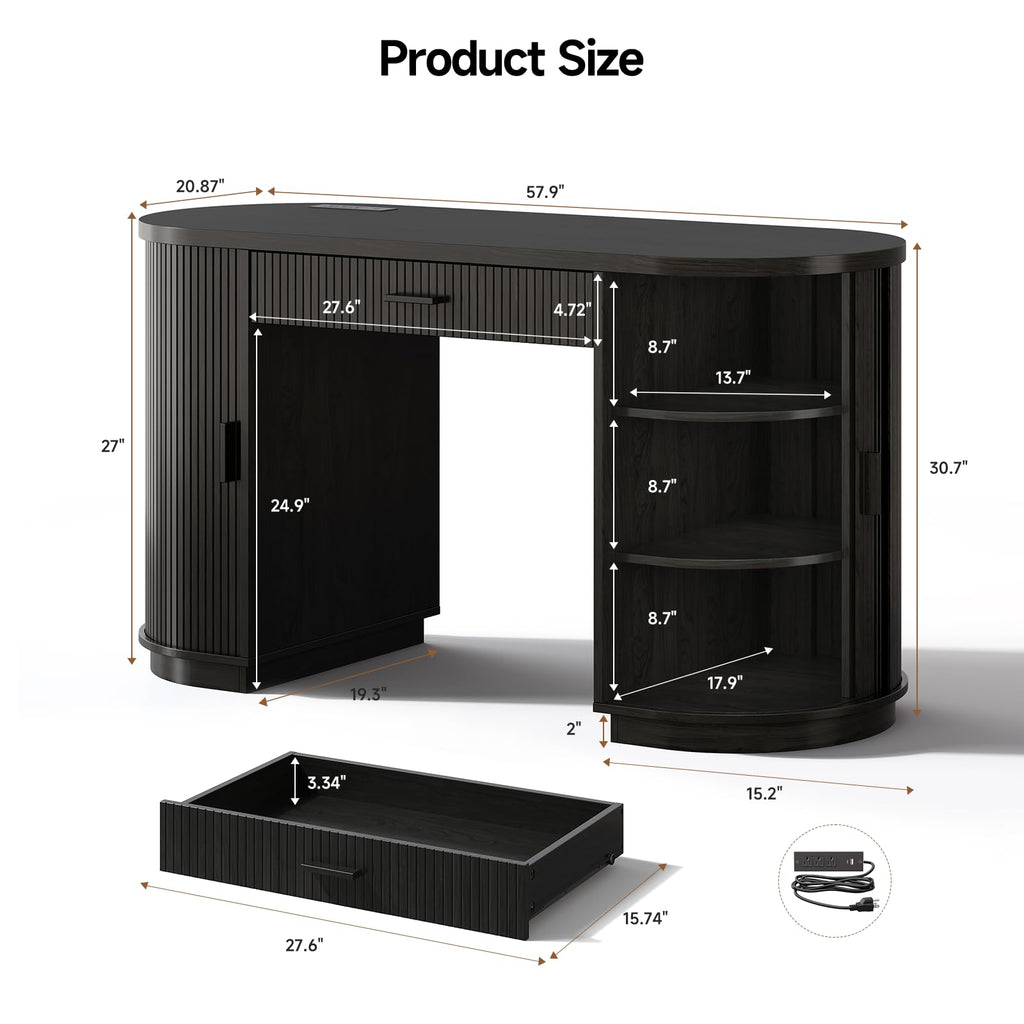 58" Fluted Executive Desk with Storage Drawer, Black V13300