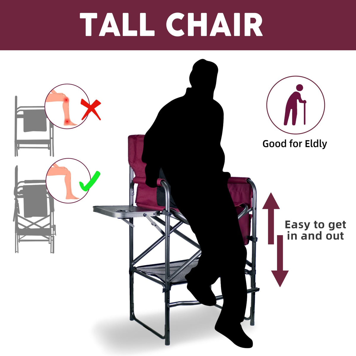 Wine Red Black Bar Height Folding Chair with Side Table N55558