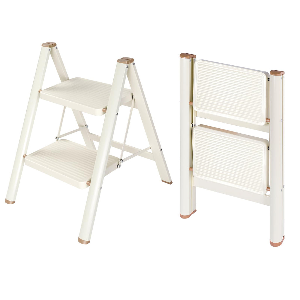 2 Step Ladder Folding Step Stool with Anti-Slip Pedal 330LBS Capacity Cream White P602527