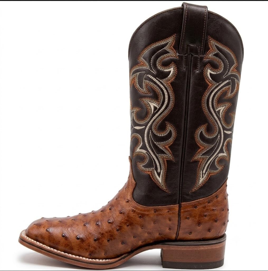 Genuine Cowhide Leather Ostrich Print Square Toe Western Boots Z80752