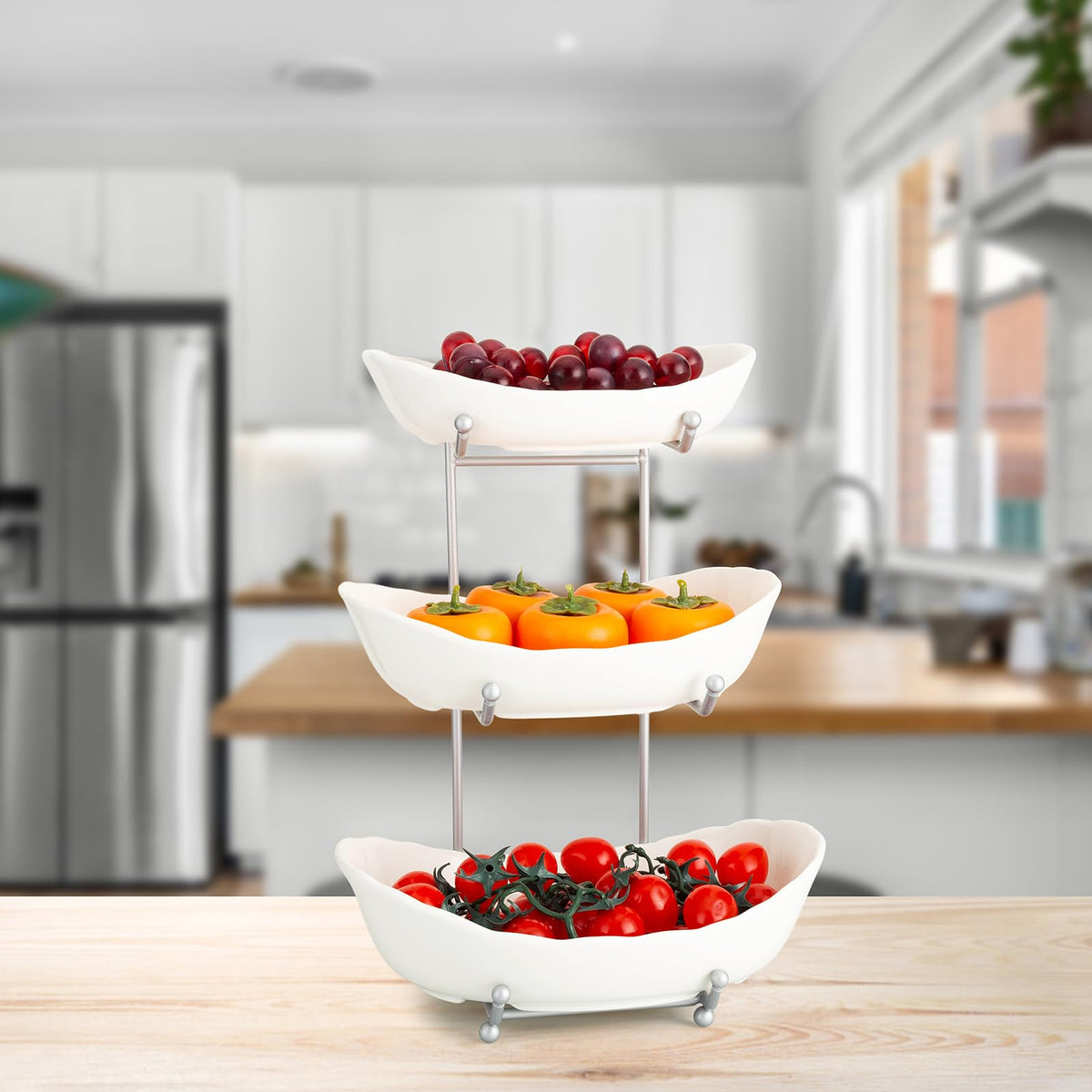 3 Tier Ceramic Fruit Bowl with Metal Stand F7986
