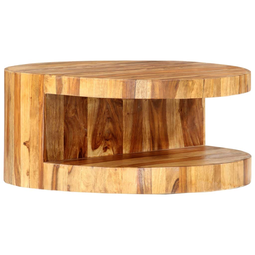 Solid Sheesham Wood Round Coffee Table with Built-in Shelf U46714