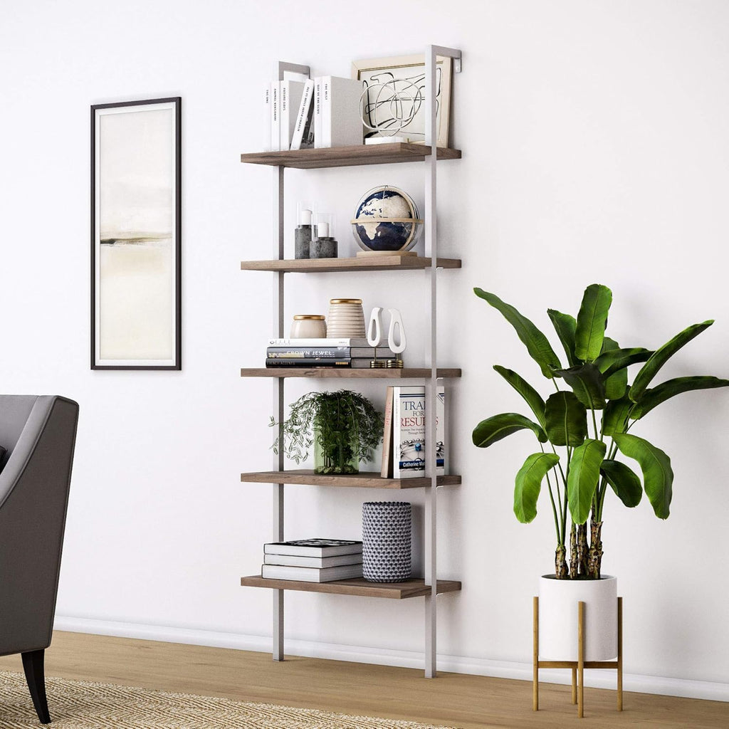 White/Gold 5-Shelf Ladder Bookcase with Metal Frame P948665