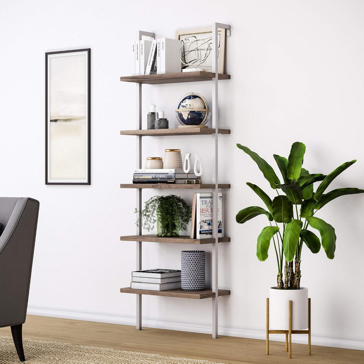 White/Gold 5-Shelf Ladder Bookcase with Metal Frame P948665