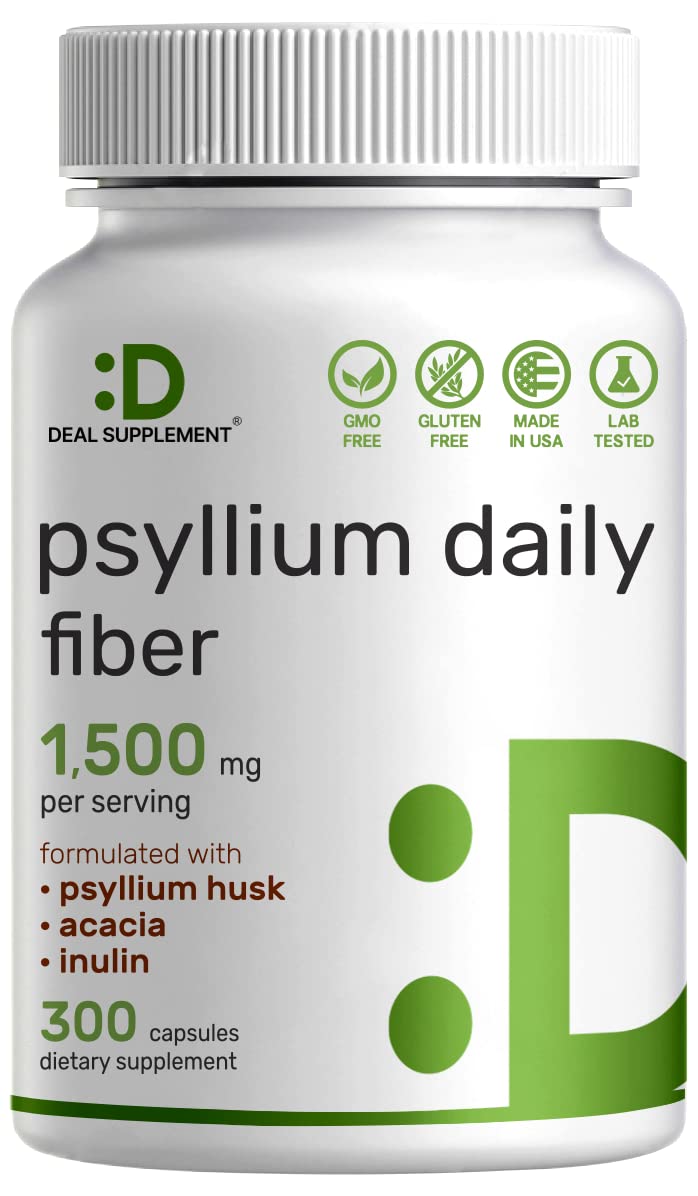 Psyllium Husk 1500mg 300 Capsules 3 in 1 Fiber Supplement N55573