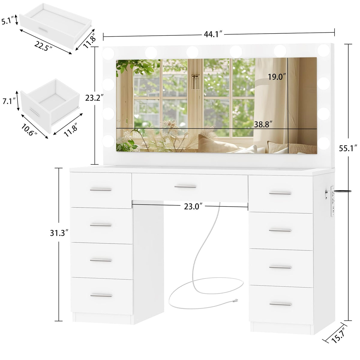 White Vanity Desk with Lighted Mirror and 9 Drawers X8015