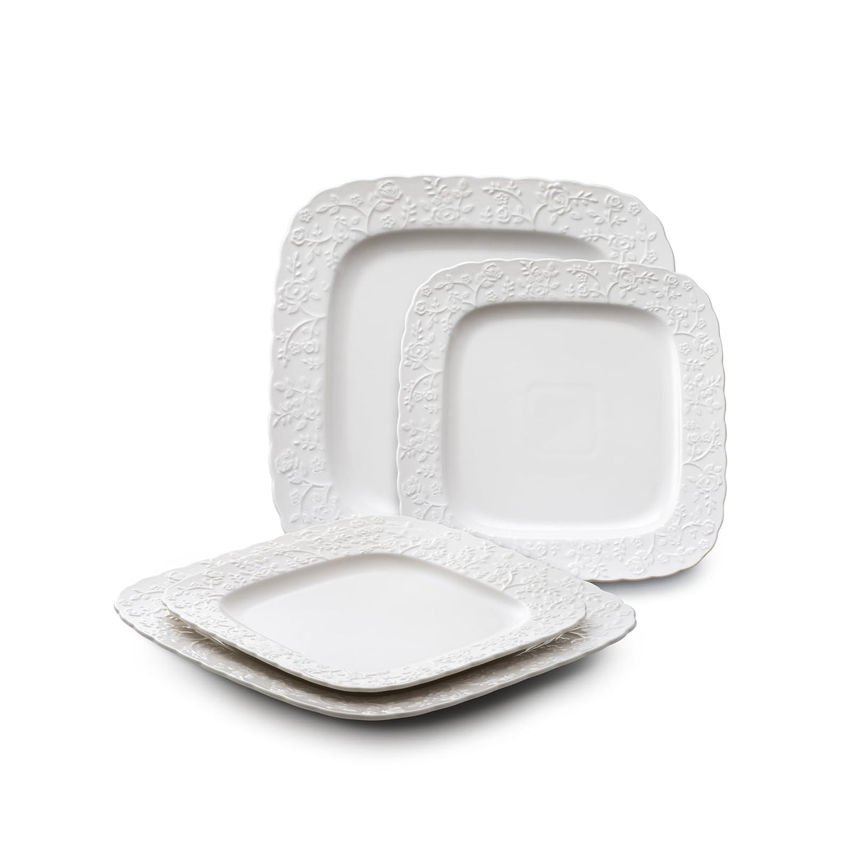 Ceramic Square Dinner Plates Set of 4, 10 & 12 Inch Embossed Salad Plates O976282