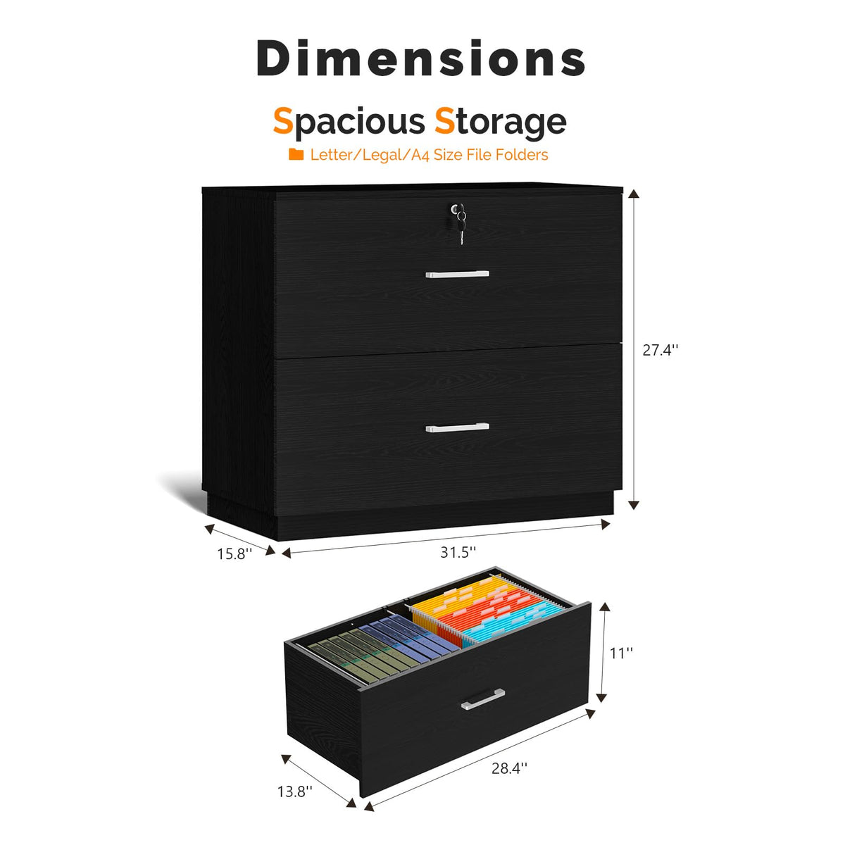 Black 2 Drawer Wood Lateral File Cabinet with Lock M255261