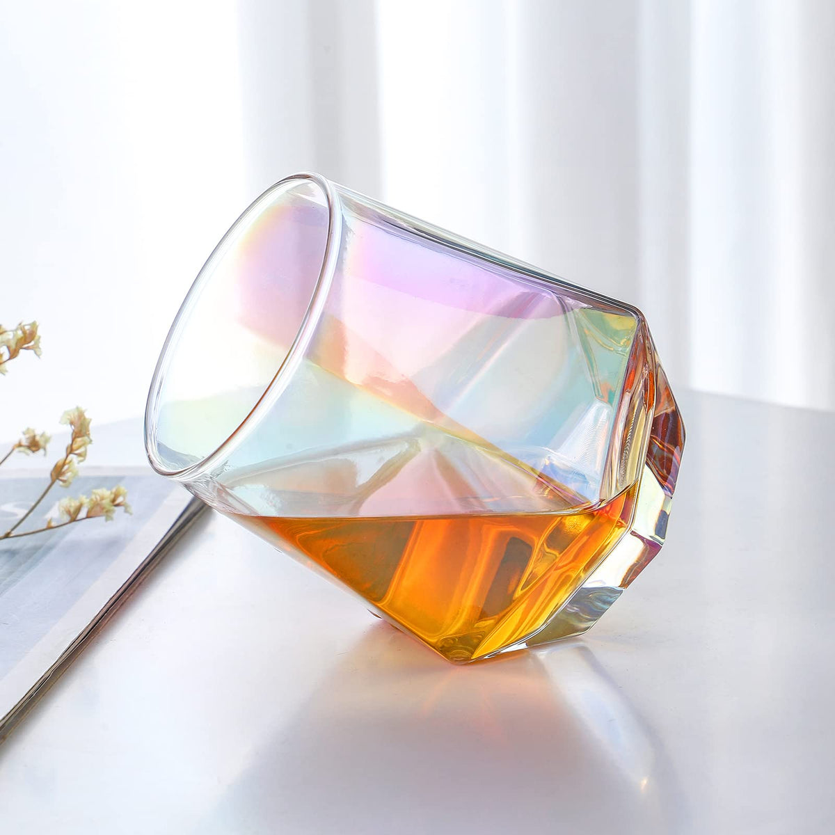 Stemless Wine Glasses Set of 6, 10 Oz Iridescent Diamond Shaped Glassware T219188