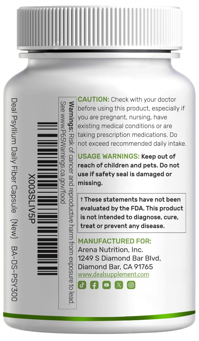 Psyllium Husk 1500mg 300 Capsules 3 in 1 Fiber Supplement N55573