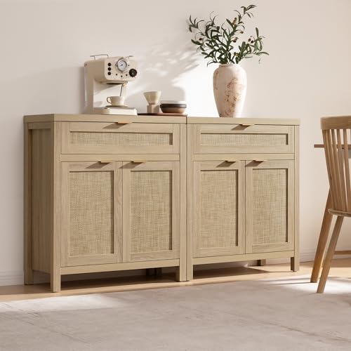 Rattan Storage Cabinet Set of 2 with Doors and Drawer V654442