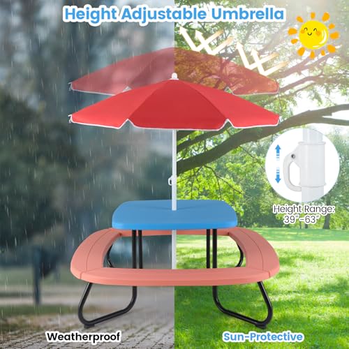 Kids Picnic Table with Umbrella and 4 Built-in Benches S5719