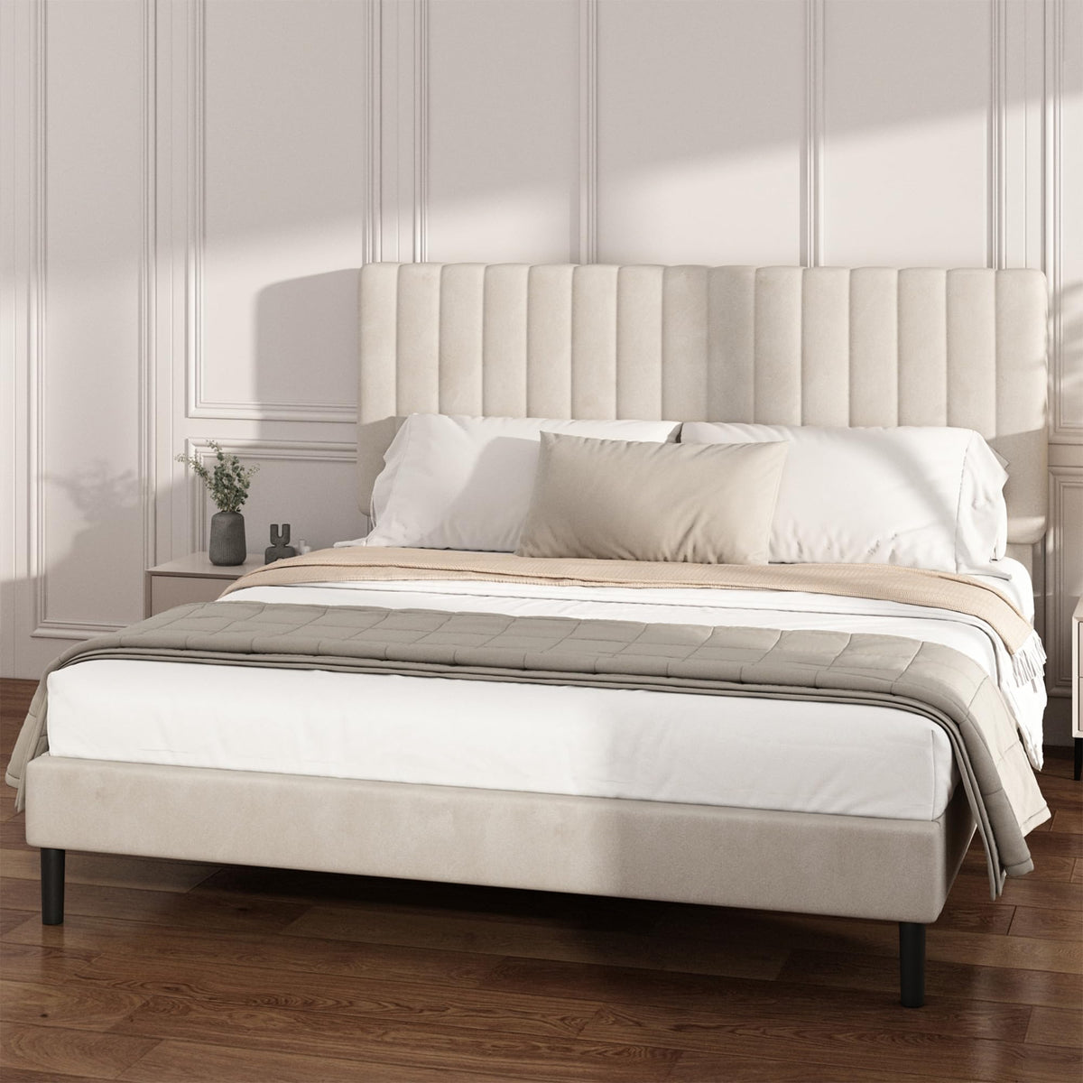 Beige Queen Velvet Bed Frame Y5032