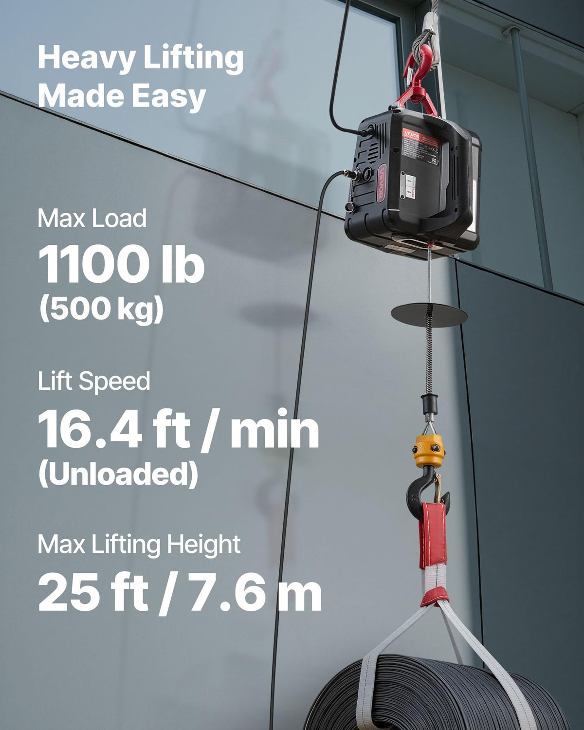 1100 lbs 1500W Electric Hoist Winch with Wired Remote Control C144644