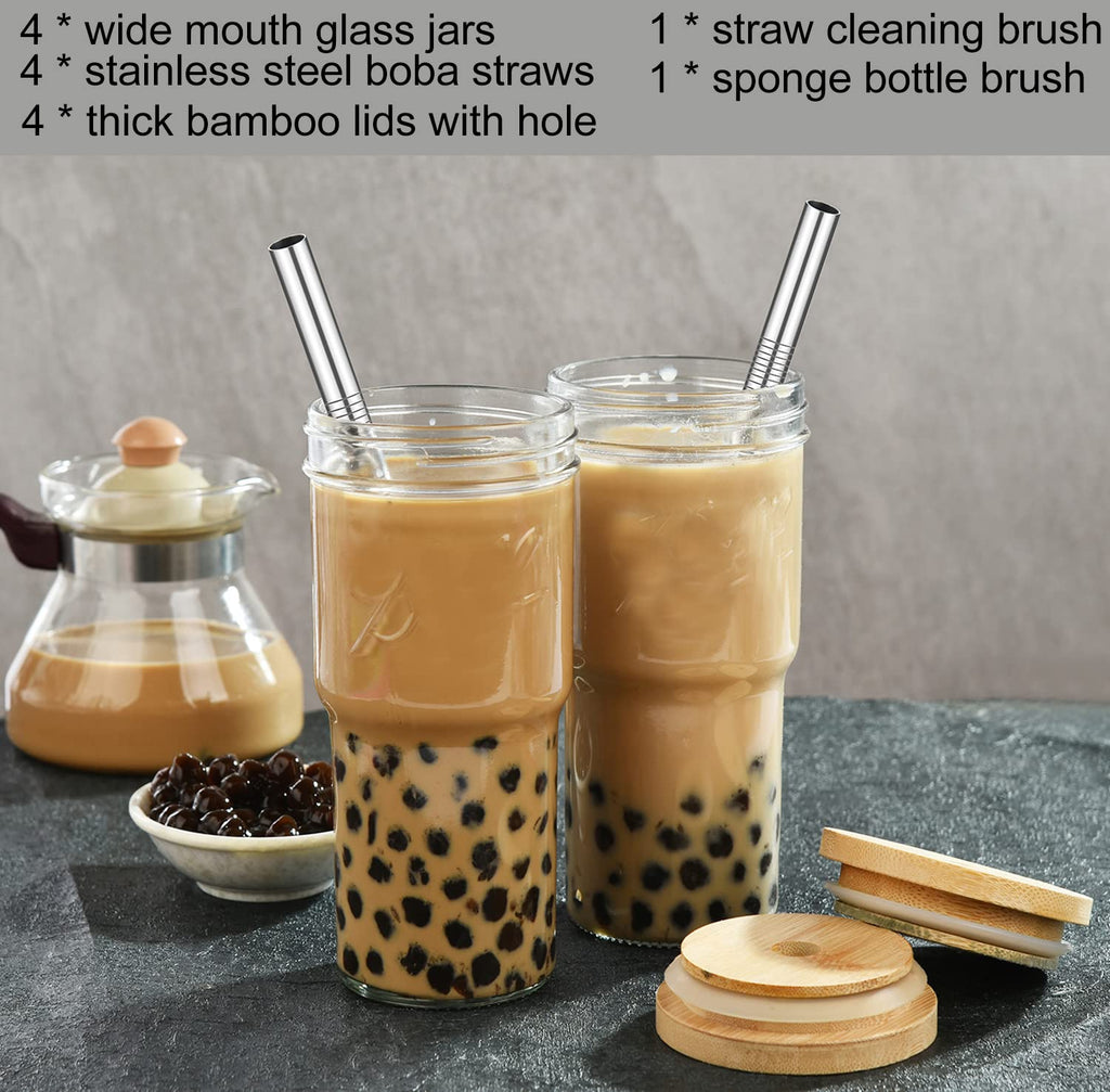 4-Pack 24 OZ Glass Cups with Bamboo Lids and Straws J717