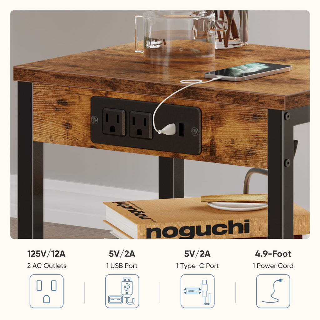 Nightstand with Charging Station, 3-Tier Bedside Table G457358