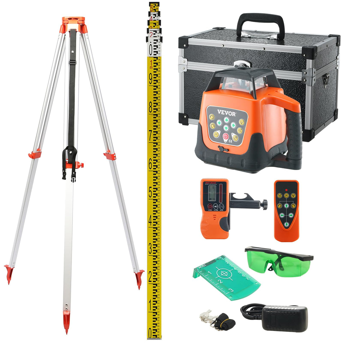 Green 360 Degree Self Leveling Rotary Laser Level Kit with Tripod & Staff X30890