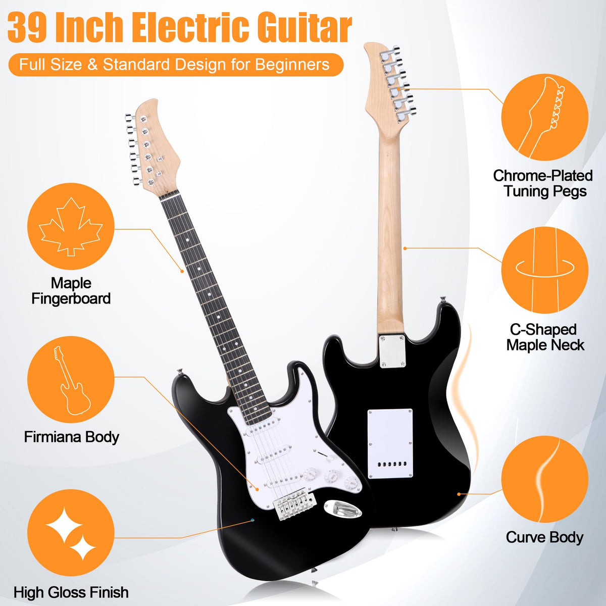 39 Inch Full Size Electric Guitar Kit with Strap, Amp, Case Bag and Strings B6836